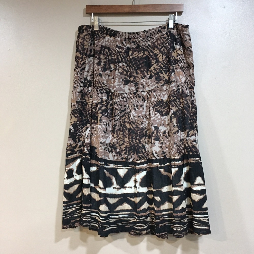 Laura Scott Tiered Midi‎ Skirt Womens L Brown Boho Jungle Safari Earthy Peasant
